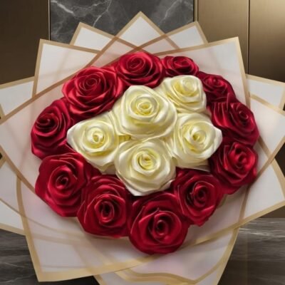 Red & White Ribbon Roses Bouquet